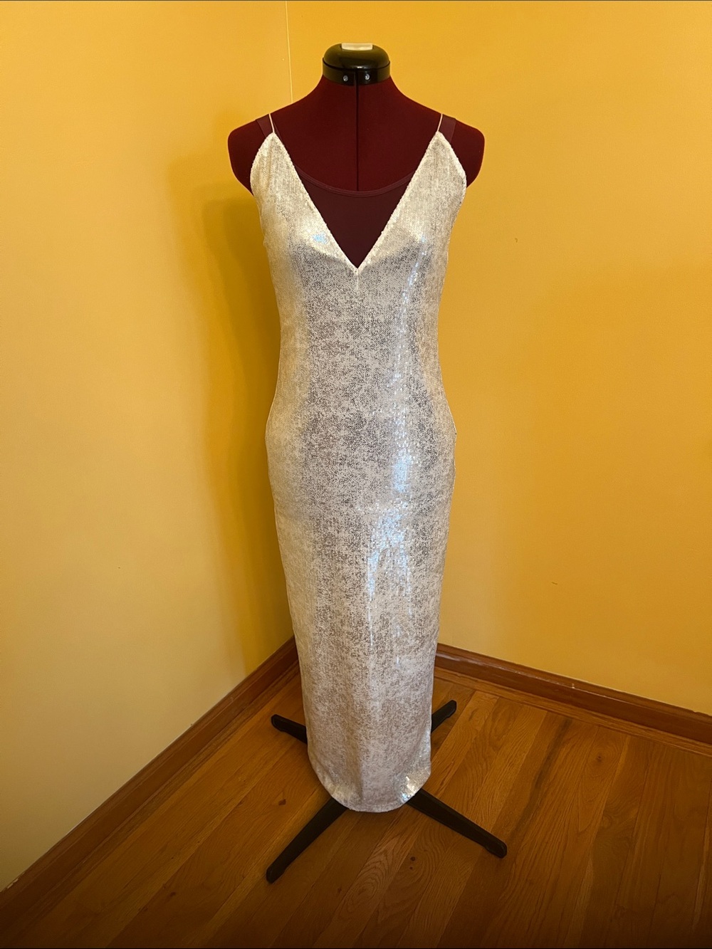 Zara Silver Midi Silver Sequin Slip Dress spaghetti straps Size XS